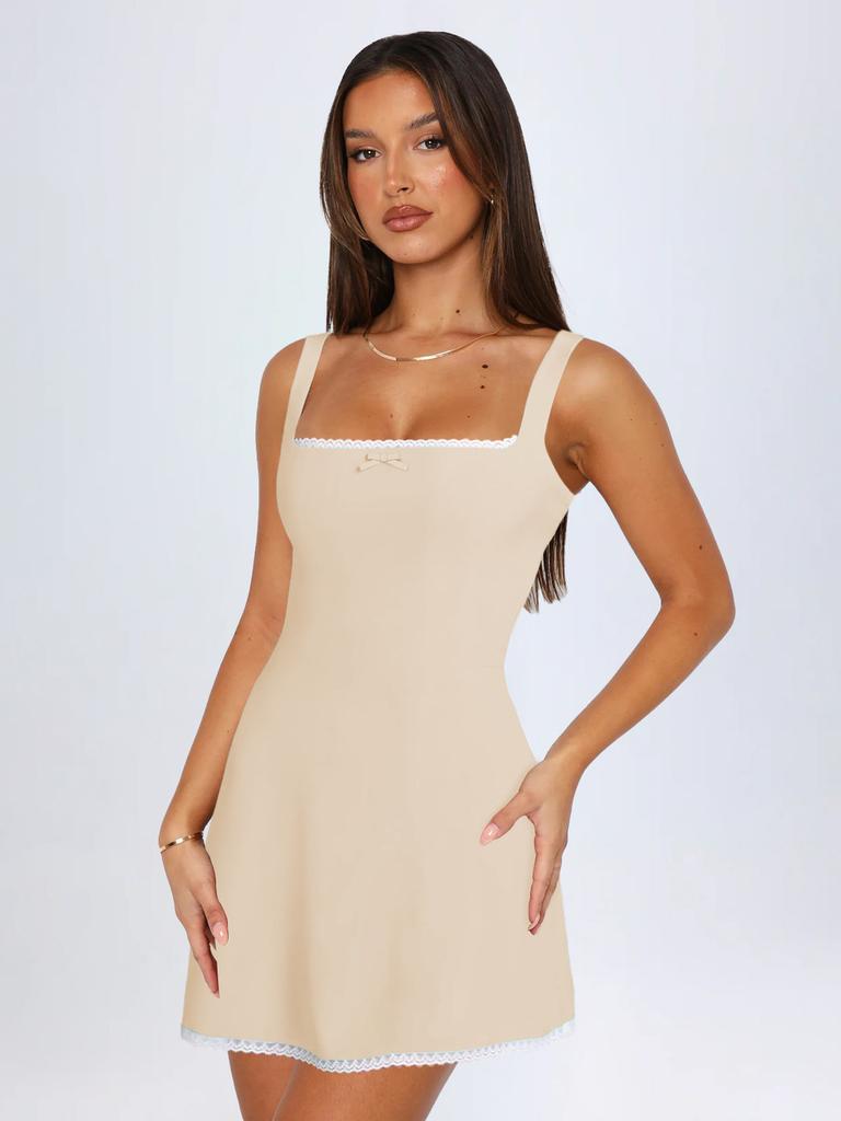 French Style Lace Trim Color Block Dress With Knit Fabric For Elegant Evening Wear