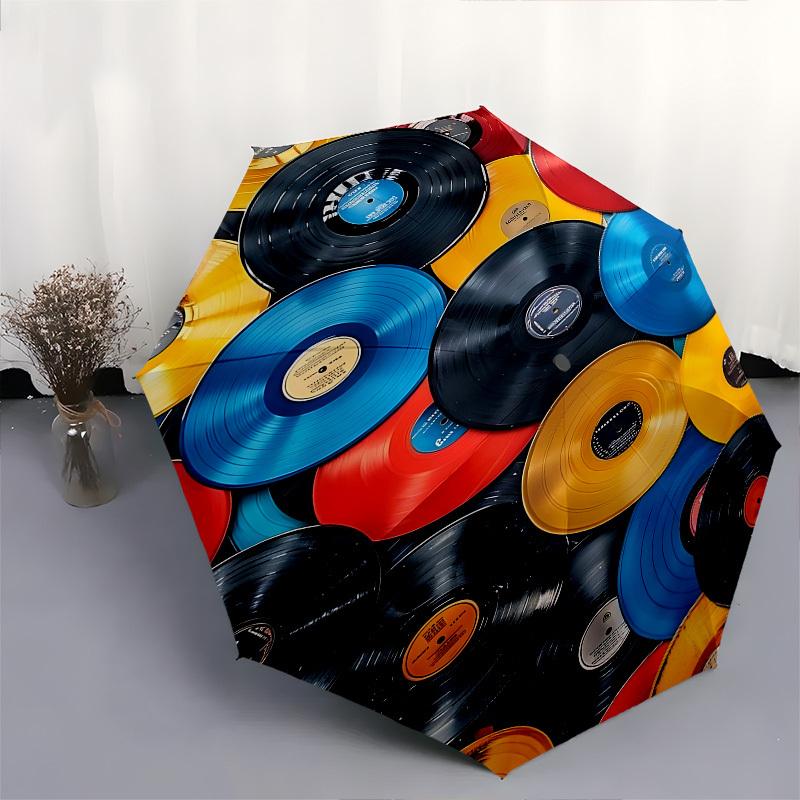 Vinyl Records, Music Collection Themed Automatic Opening and Closing Umbrella, Brightly Colored 8-rib Portable Umbrella, Suitable for Men an
