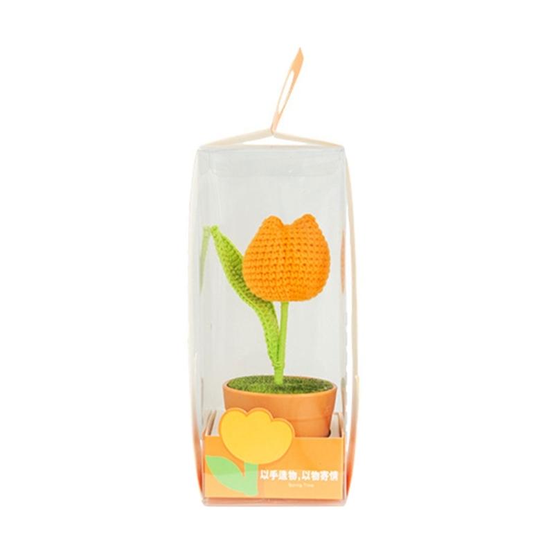 

Artificial Knitted Tulips Flower Potted Hand Woven Crochet Flower Tulips Plant Desktop Ornament Home Decorations помаранчевий