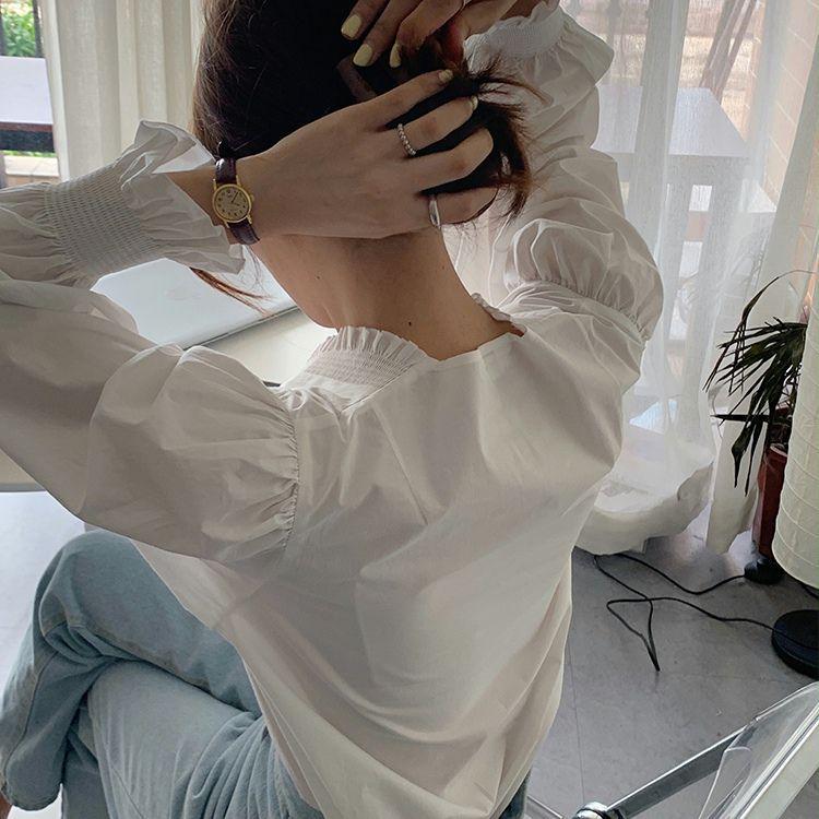 Women's French V-Neck Ruffled Puff Sleeve Shirt - Spring/Autumn Korean Chic