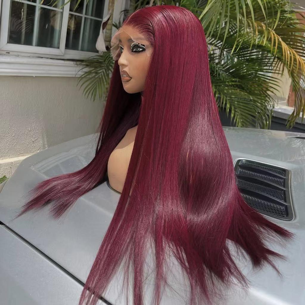 AIMEYA Burgundy Long Silky Straight Wig 13x4 Synthetic Lace Front Wigs for Women Heat Resistant Natural Hairline Daily Wear