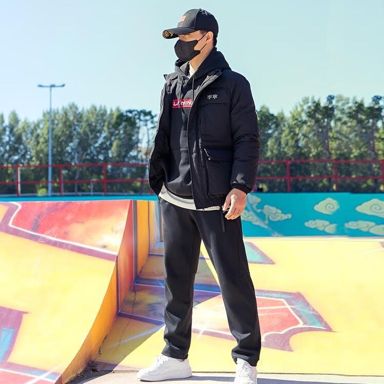 Li Ning Sports Trend Series Logo Text Embroidery Hidden Zipper Thickened Down Jacket Men Jacket Black AYMS061-3