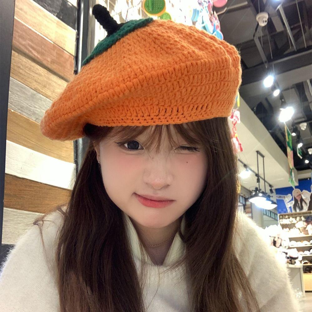 Cartoon Persimmon Beret Kawaii Y2K Painter Hat Personality Knitted Hat  Party