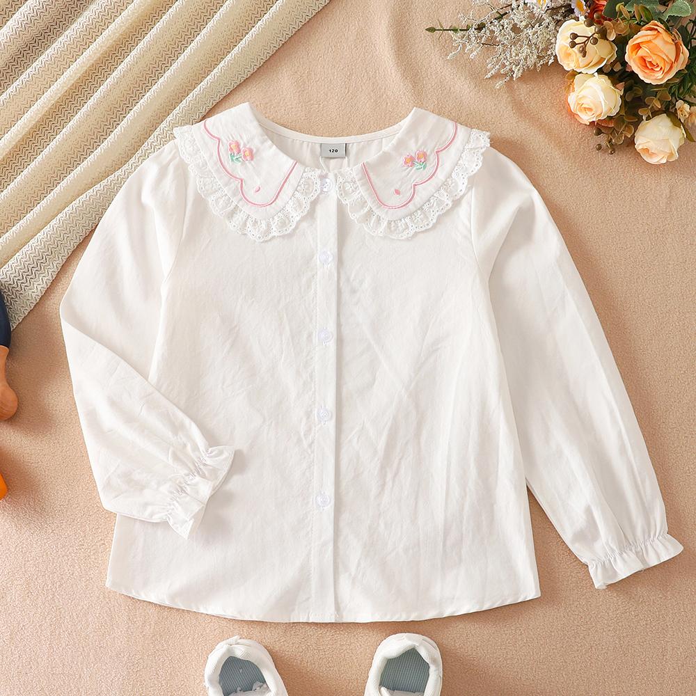

Белая рубашка для девочек 100% хлопок 5-12 лет Вышитый воротник с оборками Кружевная отделка Топ с длинным рукавом Детская одежда для школы 120 белый