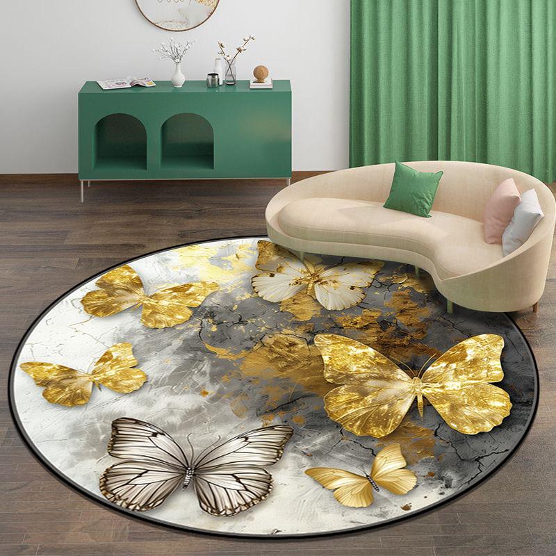 3D zlatý motýlí koberec, obývací pokoj, pohovka, koberec, protiskluzový čajový stolek, šatna, koberce do obývacího pokoje, dekorace, ložnice, kulatá podlahová rohožka