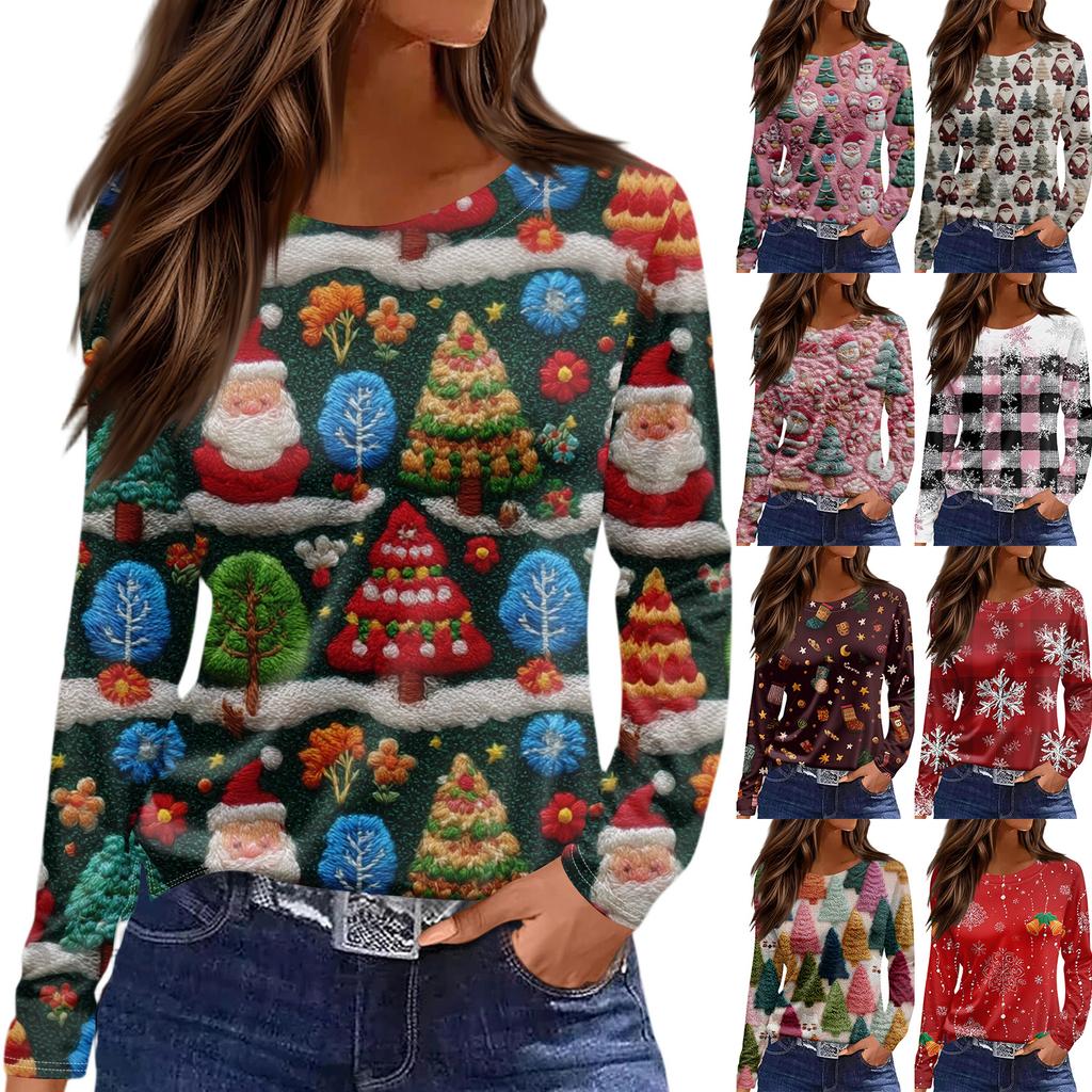 Women's Fashion Hem Slit Casual Christmas Printed Round Neck Long Sleeve Top