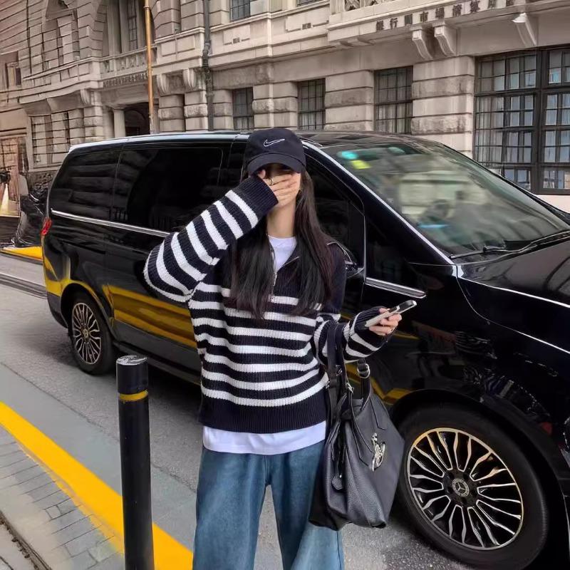 Autumn and winter new lapel sweater women's loose lazy style casual striped half zipper pullover knitted sweater