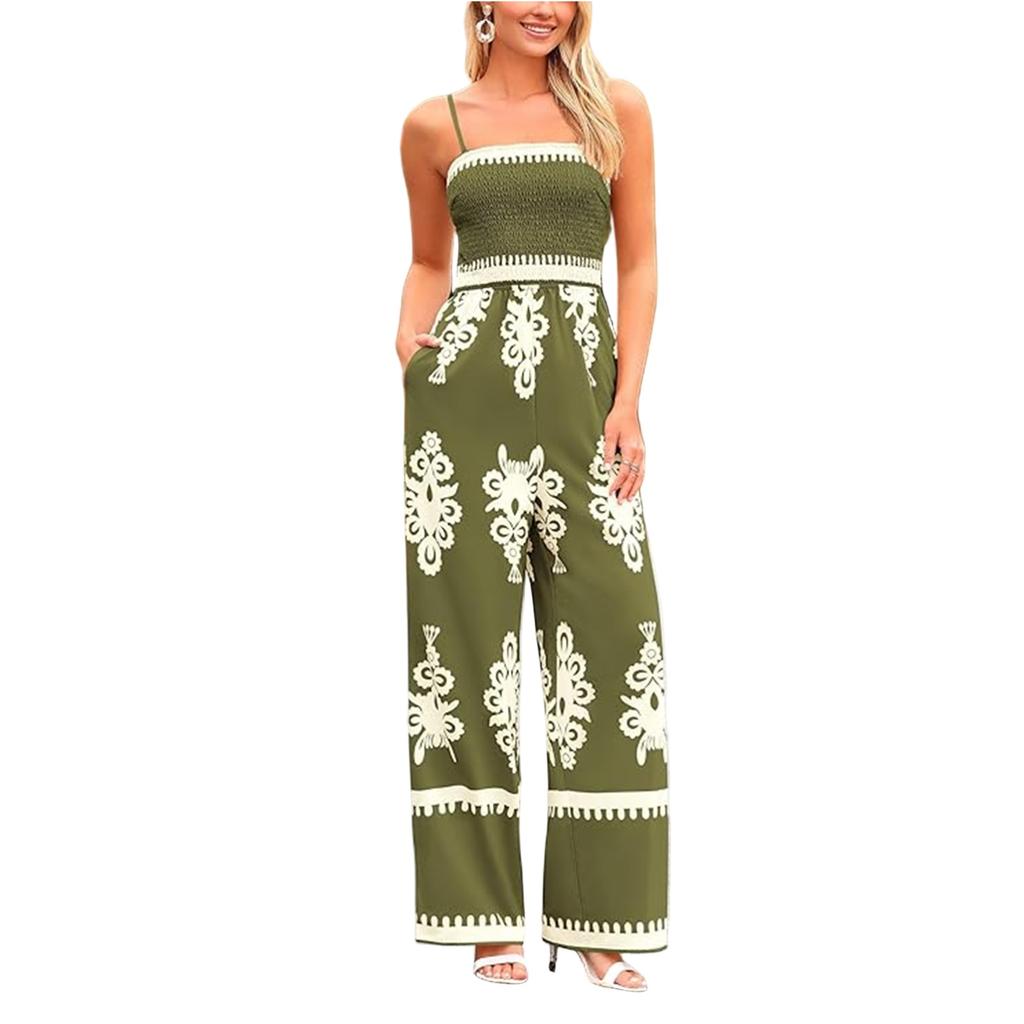 Modischer Jumpsuit mit Bohemian-Muster und Camisole im Retro-Print für Damen, hohe Taille, weites Bein und Tasche