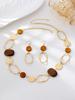 Retro Wooden Gold-Plated Beaded Long Necklace, Textured Gold Ring Wood Pendant Design, Vintage Elegant Women's Jewelry