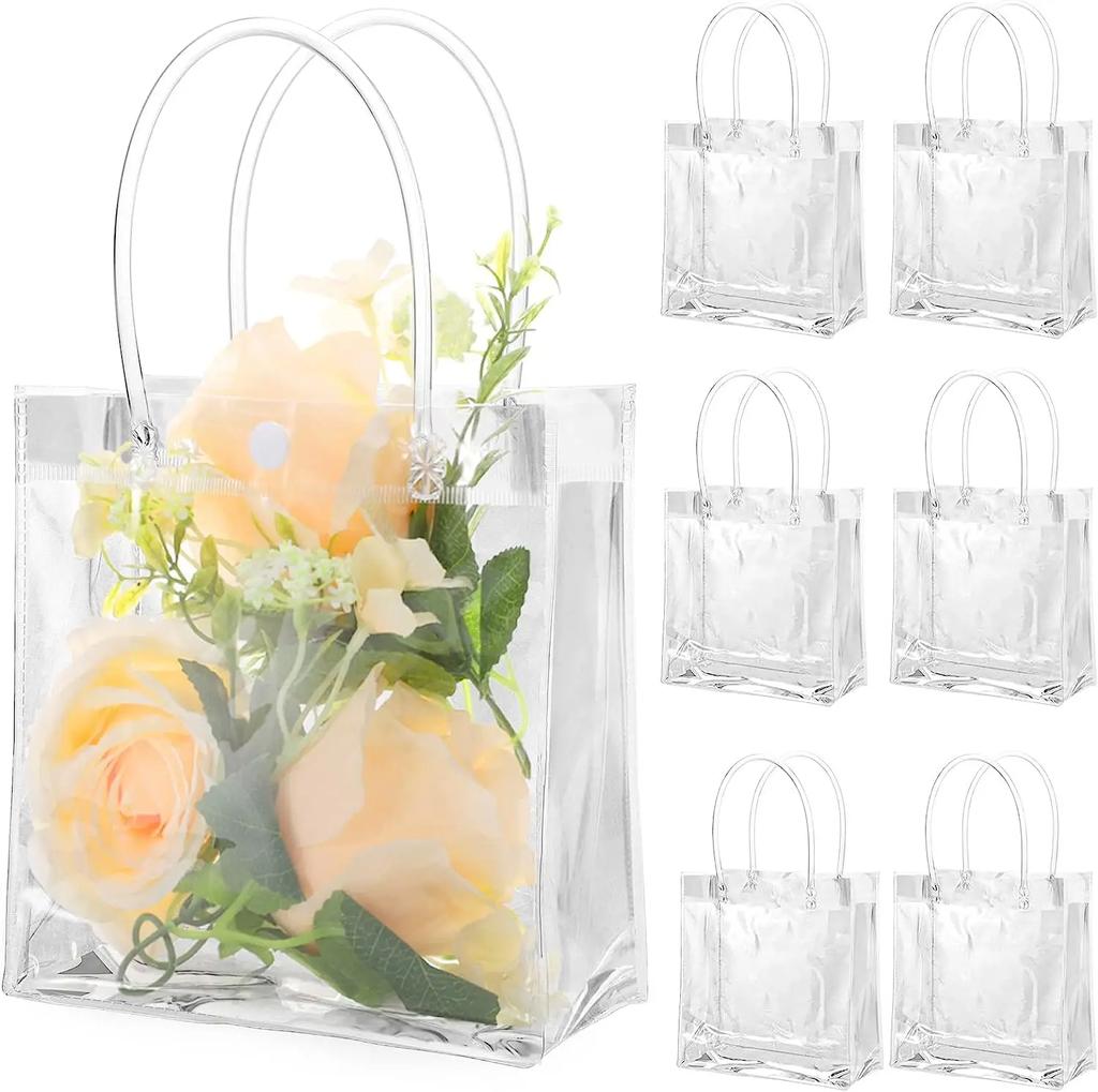 6 Pack Clear Gift Bags with Handle Reusable Plastic Bags Small Gift Wrap Tote Bags for Gifts Wedding Party Favors Baby Shower