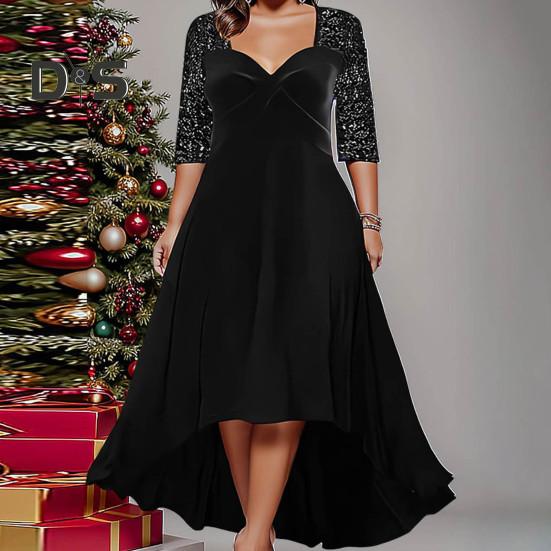 Women Prom Party Dress Low-cut V Neck Plus Size Big Hem A-line Half Sleeve Shiny Sequin Patchwork Irregular Hem Ankle Length Lady Spring Fall Maxi