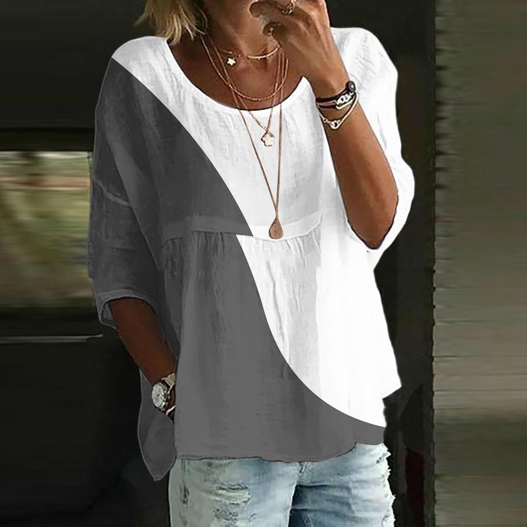 Linen Shirts For Women 3/4 Sleeve Button Down O Neck Summer Tops Dressy Casual Cute Shirts
