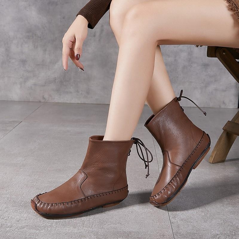 Johnature Handmade Sewing Genuine Leather Women's Boots Retro Warm Plush Flat Mid-calf Boots