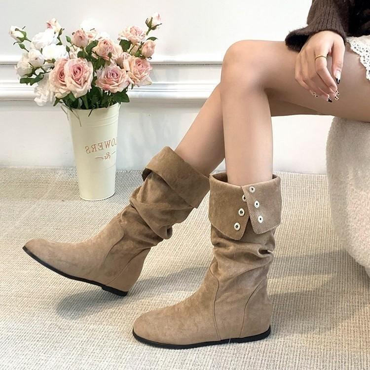 Zamszowe buty płaska podeszwa okrągły nosek dwukrotnego użytku cienkie zachodnie kowbojki buty rycerskie damskie