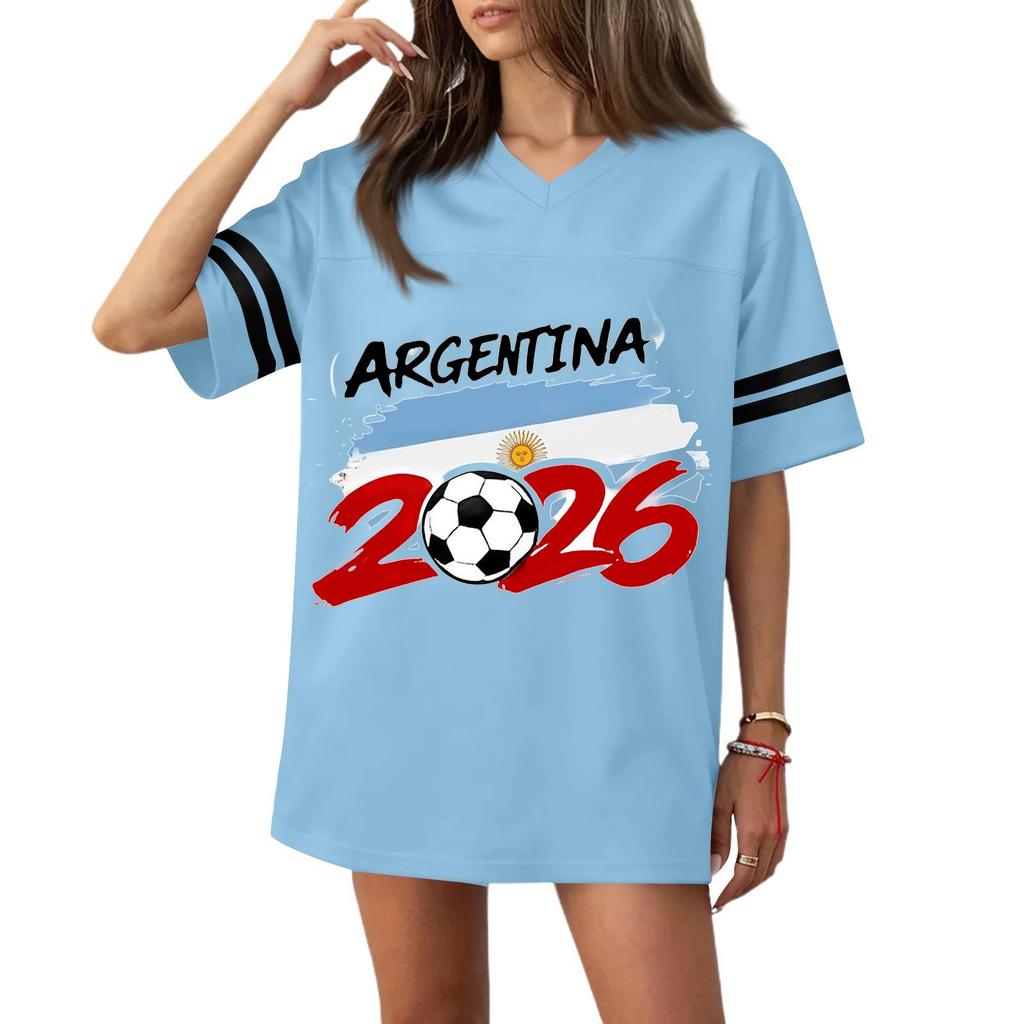 Women's Casual V Neck Soccer Jersey Style Short Sleeve Top with Argentina Flag and Football Print for Sports and Wear