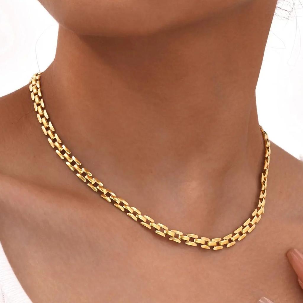 Punk Strap Chain Necklace for Women,Stainless Steel Gold Color Retro Street Trend Necklaces,Fashion Jewelry Gift