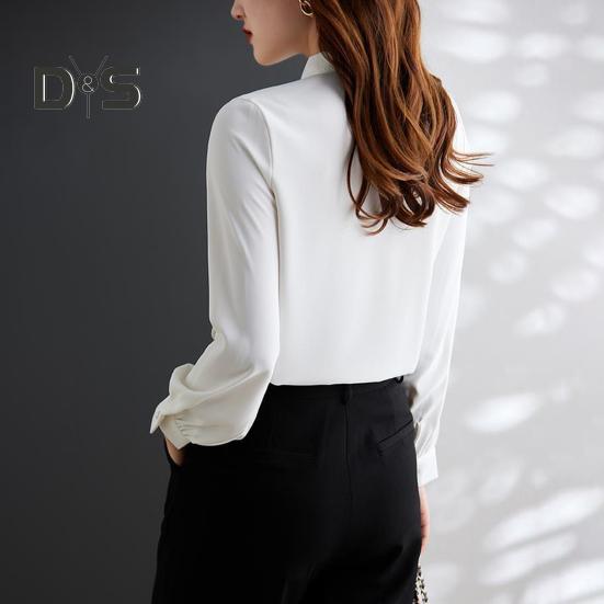 Women Shirt Stand Collar Lace-up Bowknot Long Sleeve Pleated Pullover Tops Solid Color Loose Fit Chiffon Blouse