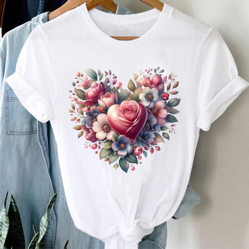 (Asian Size)  flower love heart Short Sleeve T Shirt Women Tee Top Clothing Casual Fashion Print Lady Female Graphic T-shirts
