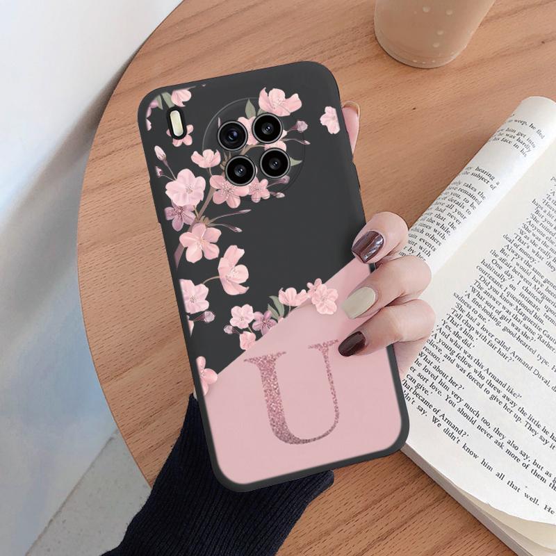 Initial Letter Silicone Case For Huawei Nova 8i Honor 50 Lite Shell Retro Pink Flower Soft TPU Back Cover For Honor 50Lite Capa