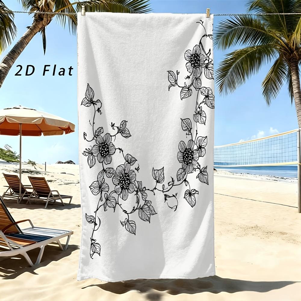 2D Black Vine Floral Beach Towel Minimalist Botanical Print Swim Wrap Soft Absorbent Bath Mat for Pool Travel Gift