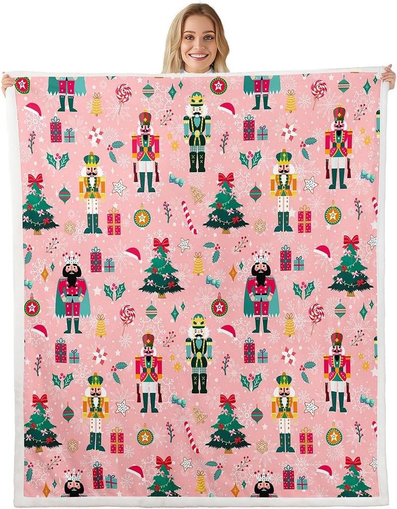 Pink Nutcracker Sherpa Throw Blanket for Couch Christmas Super Soft Cozy Fleece Xmas Cute Cartoon Blanket for Winter,Plush Throw
