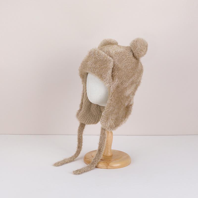 Children's Hats Plush Bear Ear Protectors Pullover Hats Boys and Girls Cartoon Cute Outdoor Warm Knitted Hats