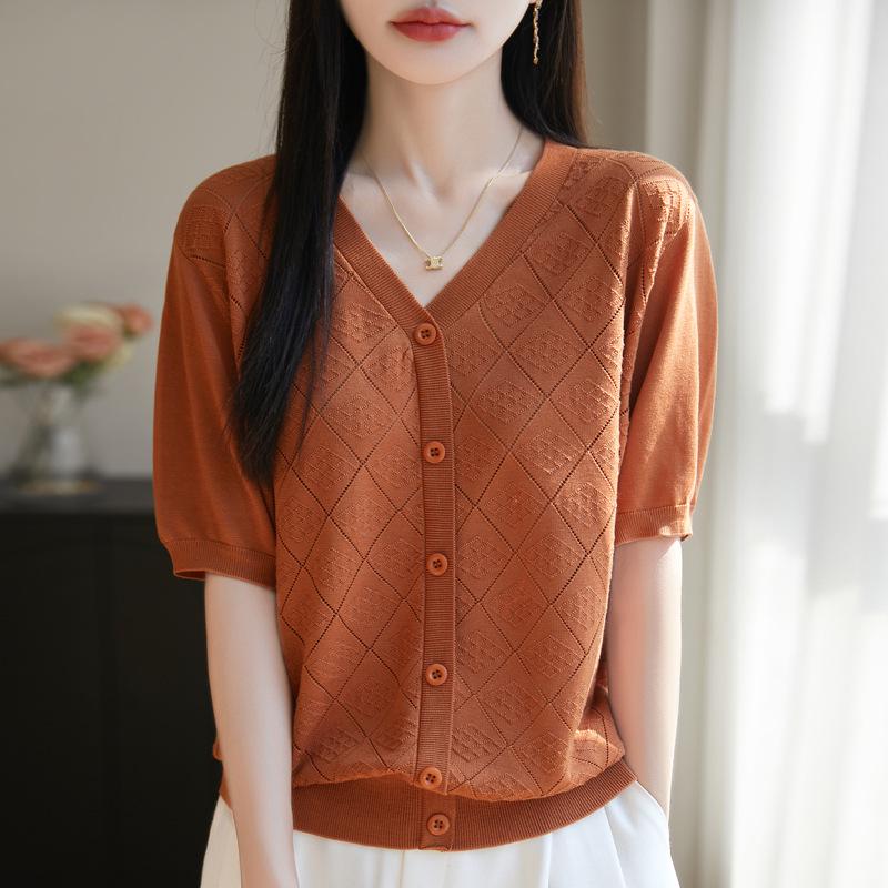 2025 V-neck Tencel Women's Casual Slimming Short-sleeved Top