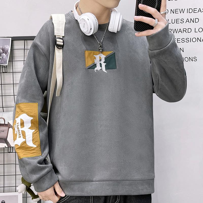 

Замшевая плотная толстовка мужская вышитая круглая горловина свитер весна и осень новая американская модная свободная куртка с длинными рукавами для мужчин 5XL