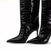 Fashion 2025 Autumn Winter New Shiny Leather Knee-High Boots Crocodile Pattern Pointed Thin High Heels Suede Large Tube High Boots
