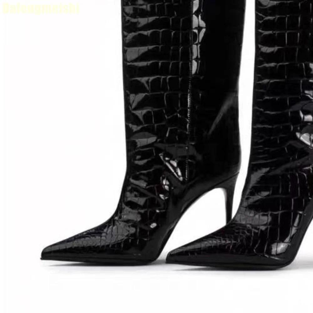 Fashion 2025 Autumn Winter New Shiny Leather Knee-High Boots Crocodile Pattern Pointed Thin High Heels Suede Large Tube High Boots