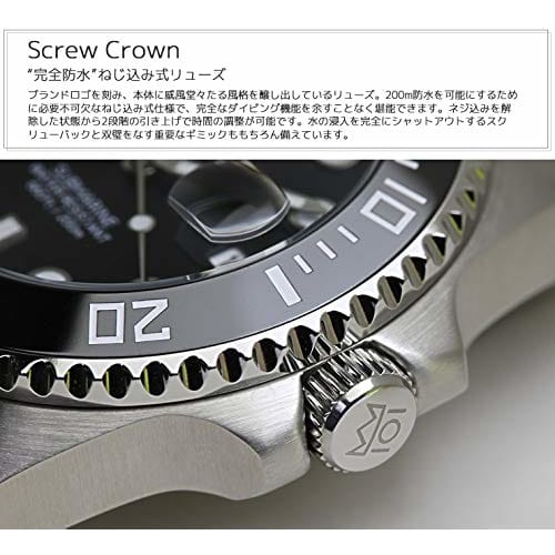 HYAKUICHI 101 Diver's Watch 20 ATM Water Resistant Ceramic Bezel Calendar Watch Metal Band Men's (Black)