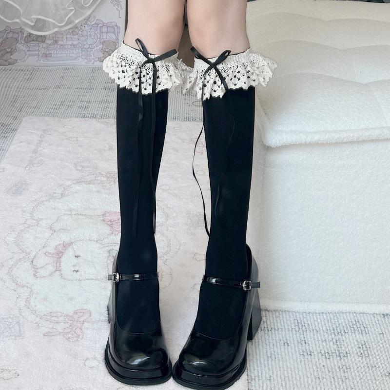 Lace Lace Calf Socks Japanese Lolita Socks Women'S Autumn Thin White Stacked Socks Bow Mid-Leg Socks