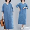 New Spring Denim Dress for Women Plus Size Loose Fit Blue Basic Short Sleeve V-Neck Long Dress