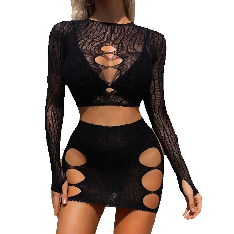 Women'S Sexy Top Skirts Suit Fishnet Hollow Back Wrap Mesh See Through Bodycon Dresses Night Club Wear Mujer Pornos Costumes