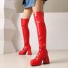 Bottes Sexy pour Femmes au-dessus du Genou Bottes à Talons Hauts pour Filles Cuir Verni Plissé Motard Bout Carré Chaussures à Fermeture Éclair