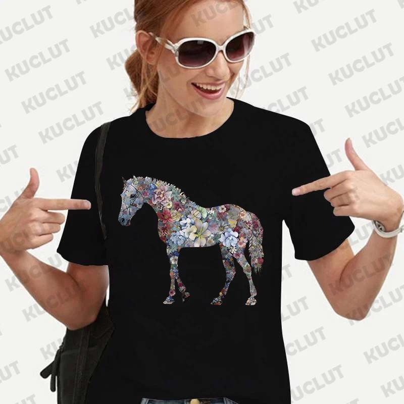 Floral Horse Funny Graphic Blouse Women T-Shirt Short Sleeve O-Neck Creative T Shirts Fashion Breathable Y2k Tops Casual Tees