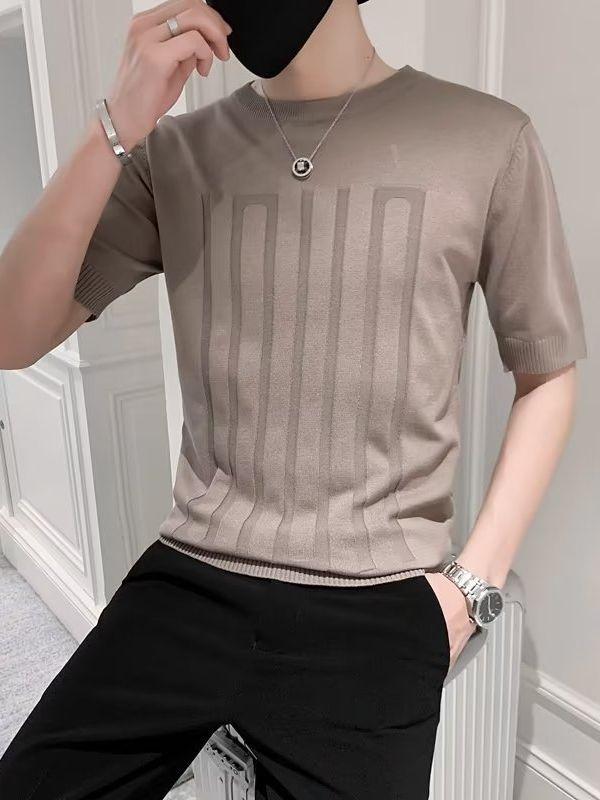 Herren Trendiges Gestreiftes Eis-Seide Slim Fit T-Shirt - Atmungsaktiv, Kurze Halbarme