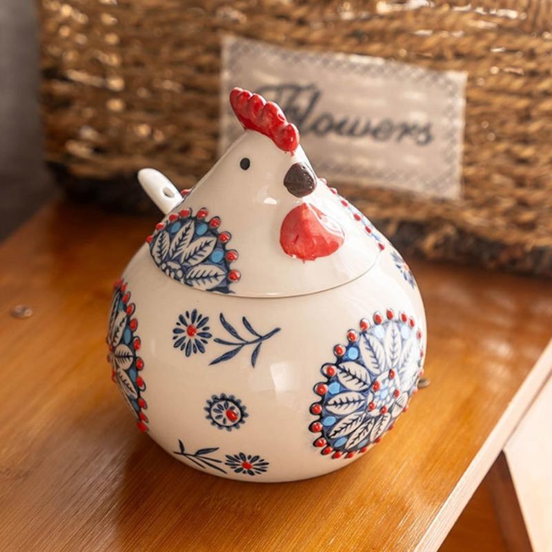 Ceramic Seasoning Container Chick Designs Sealable Lid Included Measuring Utensils For Cooking Essential