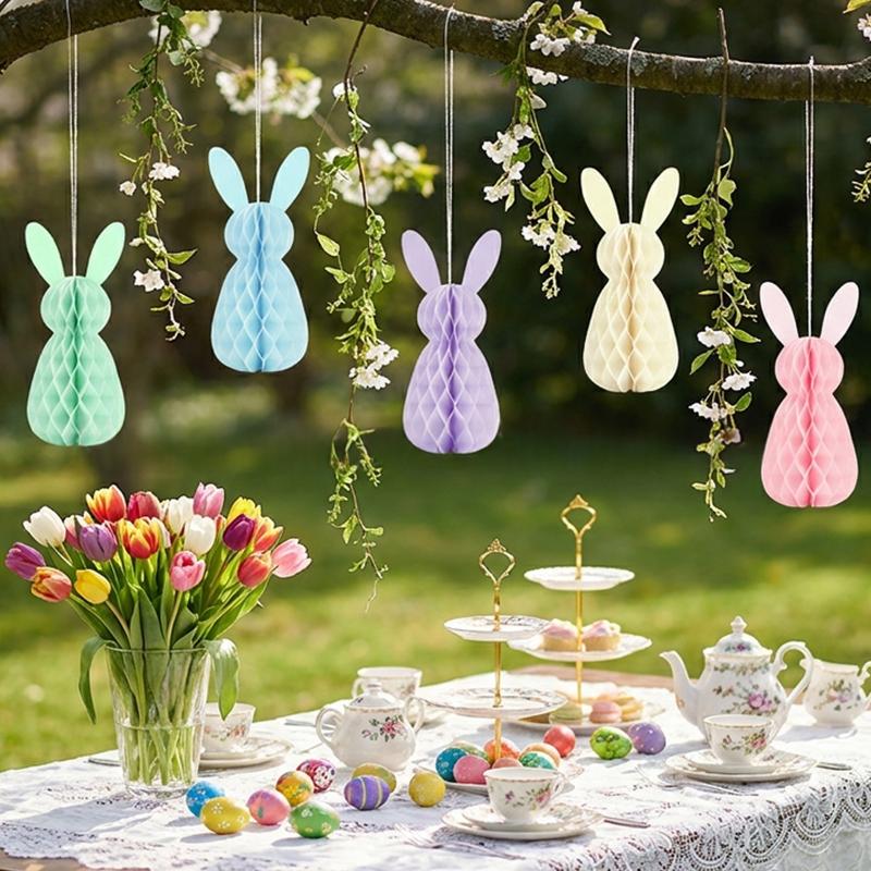5Pcs Easter Honeycomb Decoration Easter Bunny 3D Paper Honeycomb Party Decorations DIY Table Centerpieces Ornament Party Hanging