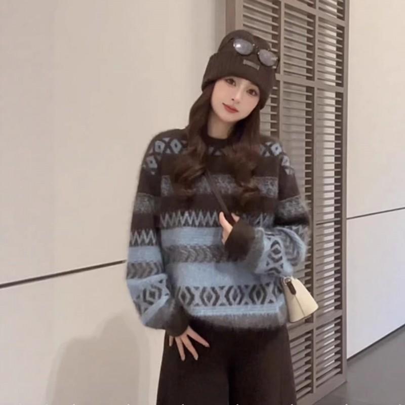 Korean Retro Crew Neck Fair Isle Sweater Women Loose Thick Knit Top Fall Winter