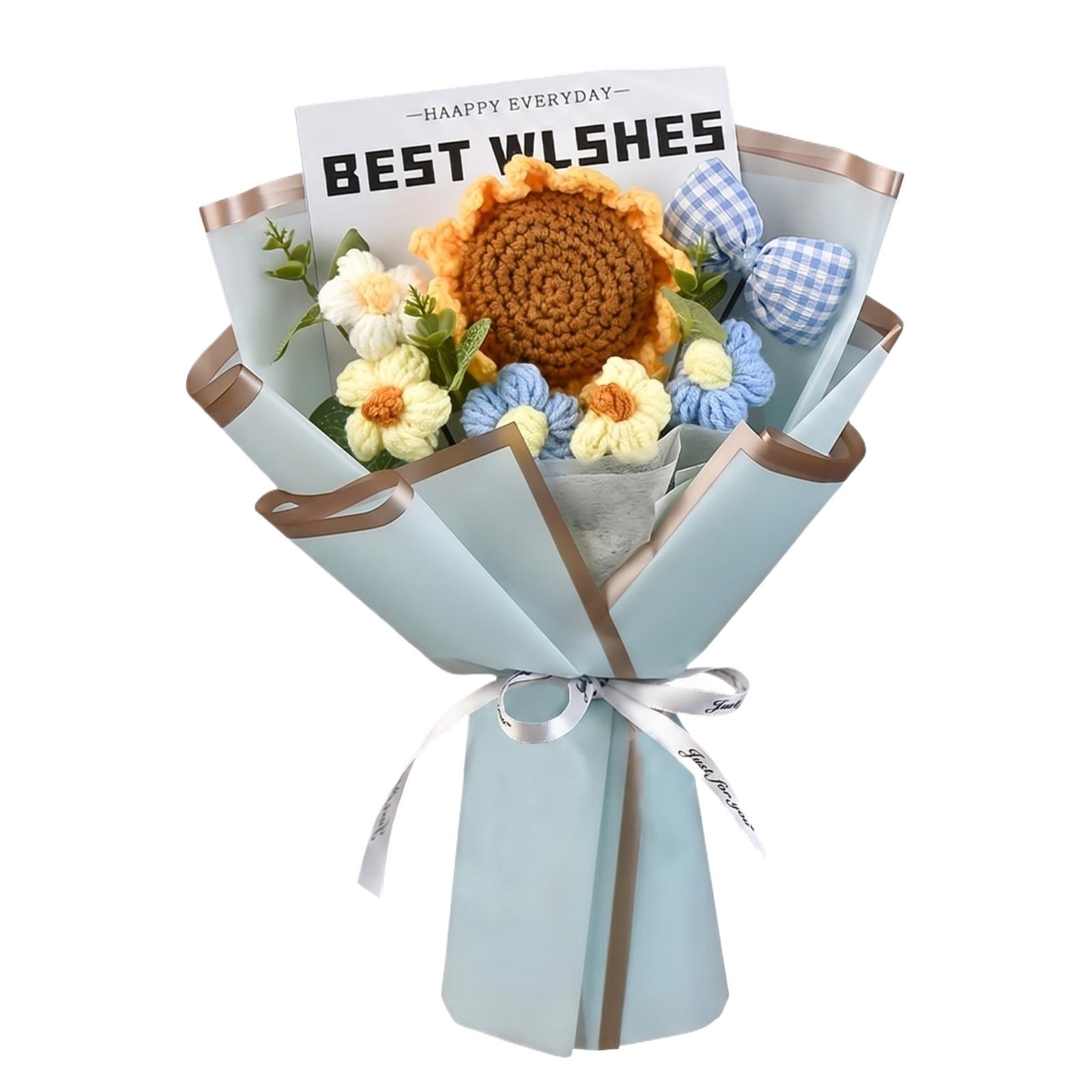 

Handmade Knitted Sunflower Bouquet with Smile Face, Yarn Artificial Flower, Mother s Day Graduation Gift one size синий