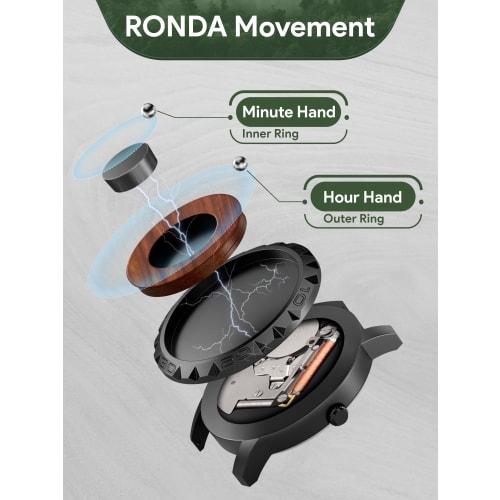 EUTOUR Men's Wooden Magnetic Watch with Ball Bearing Design, Minimalist Casual Quartz Movement, 40mm, Black Dial, Wooden Band