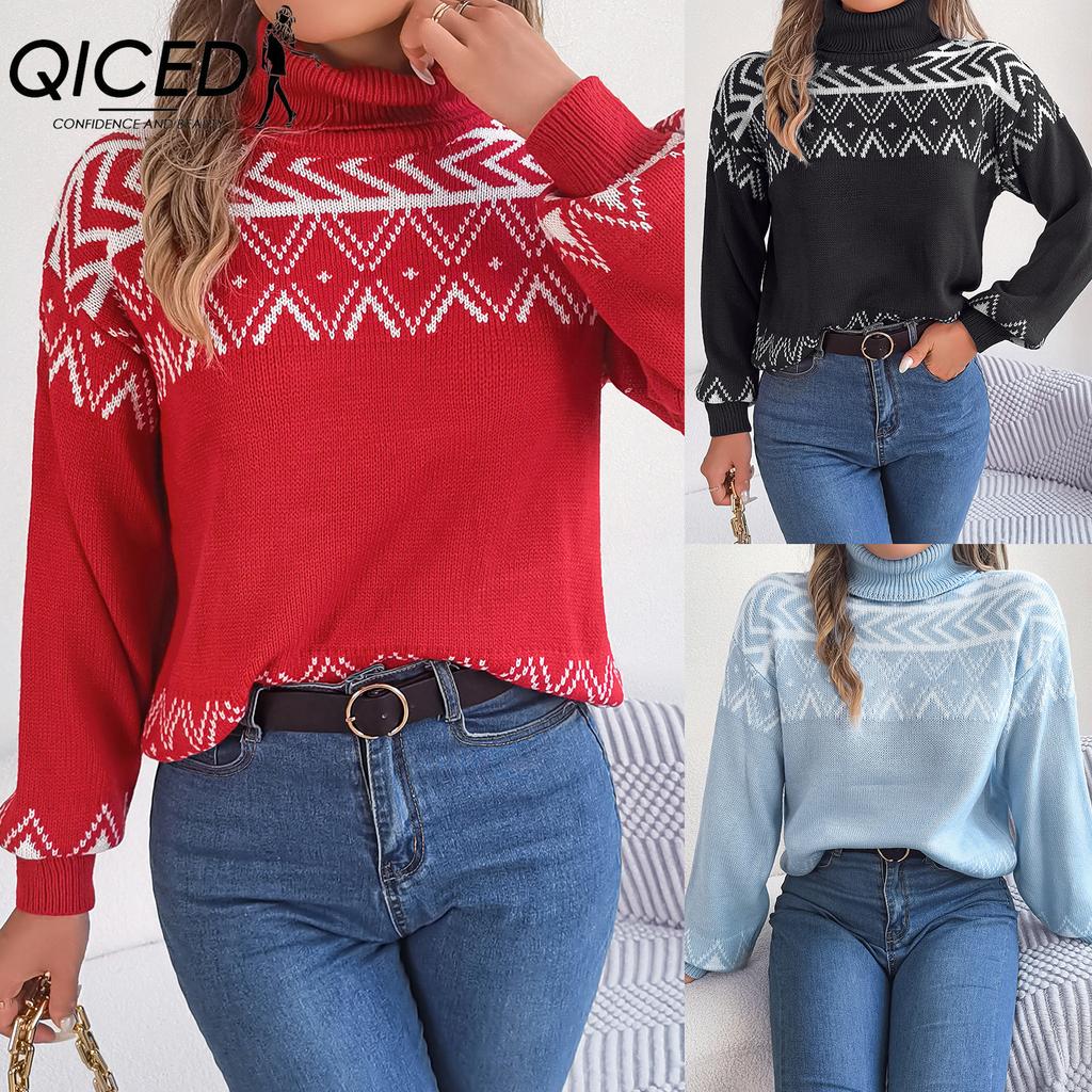 QICED Autumn and Winter Ethnic Style Retro Jacquard Lantern Sleeve Pullover High-neck Sweater Women's Clothing