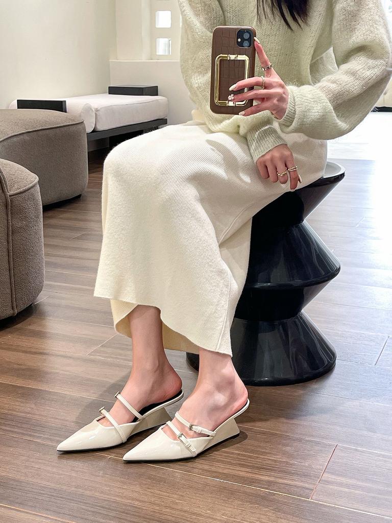 Baotou Half Slippers Women 2024 Summer New Outer Wear Fashion Solid Color pointed end Toe Thick Heel High-heeled Women's Shoes