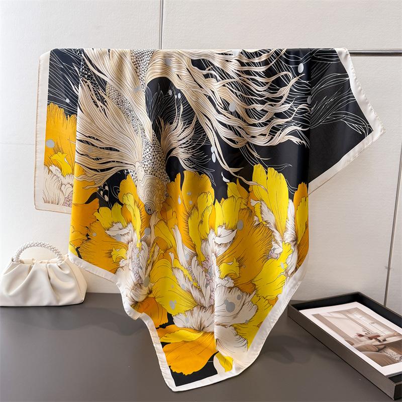 National Style Elegant Imitation Silk Printing Large Square Scarf Silk Scarf Shawl Headscarf Beach Scarf Neck Protection Scarf Neck Decoration Scarf