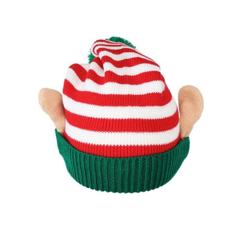 Knitted Acrylic Christmas Hats striped With Ear Top Winter Outdoor Wool Ball Daily Wear
