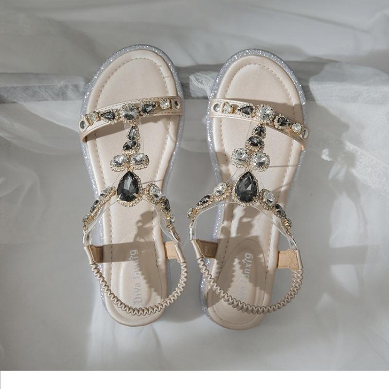 Rhinestone Wedge Heel Sandals Women's Summer Fairy Style Student Fashion and Women's Flat Shoes