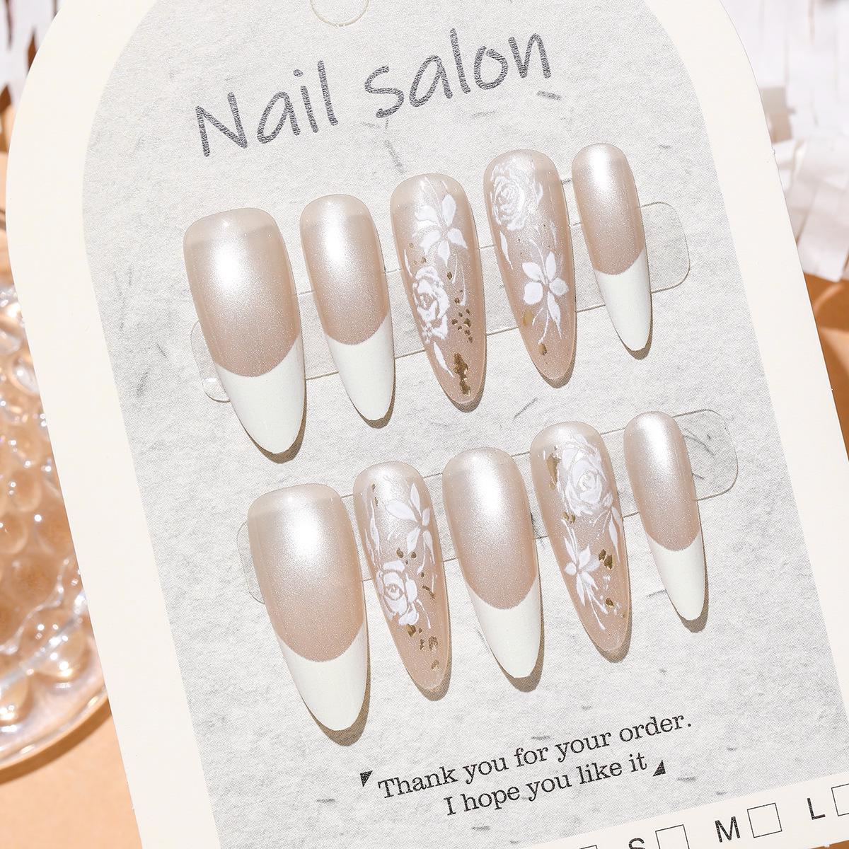 Gardenia Gold Flake Almond Nude Cat Eye Press-On Nails - Medium-Long French Style with Gardenia Flower Design