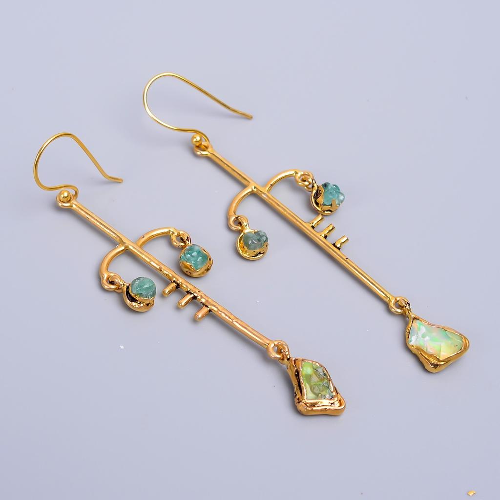 Natural Ethiopian Opal Gold Plated Drop Dangle Electroformed Earrings Jewelry V-72