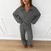 Women Striped Two Piece Loungewear Set Casual Long Sleeve Polo Collar Top and Wide Leg Pants